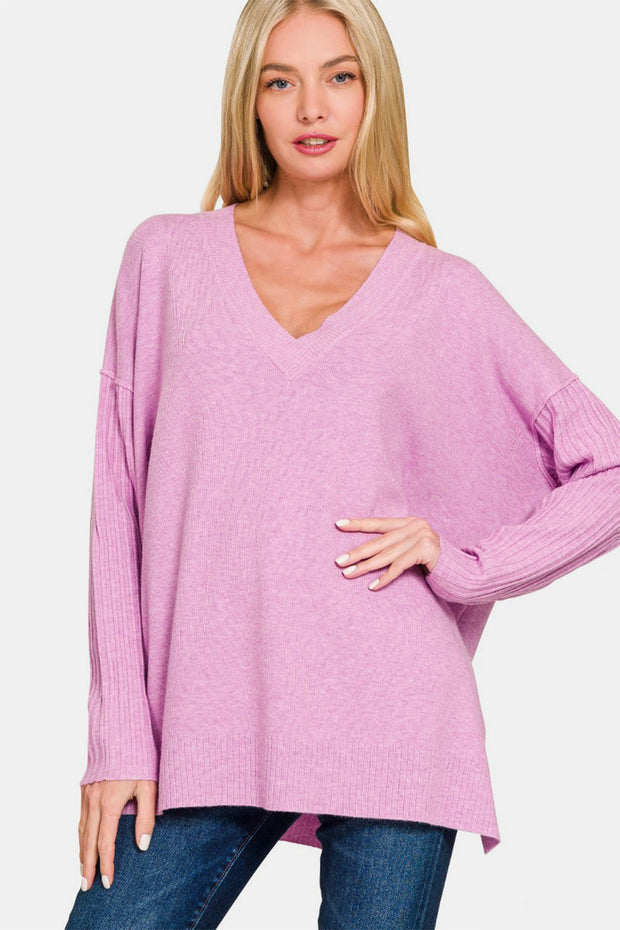 Zenana V-Neck Side Slit High-Low Sweater - Fashionmj