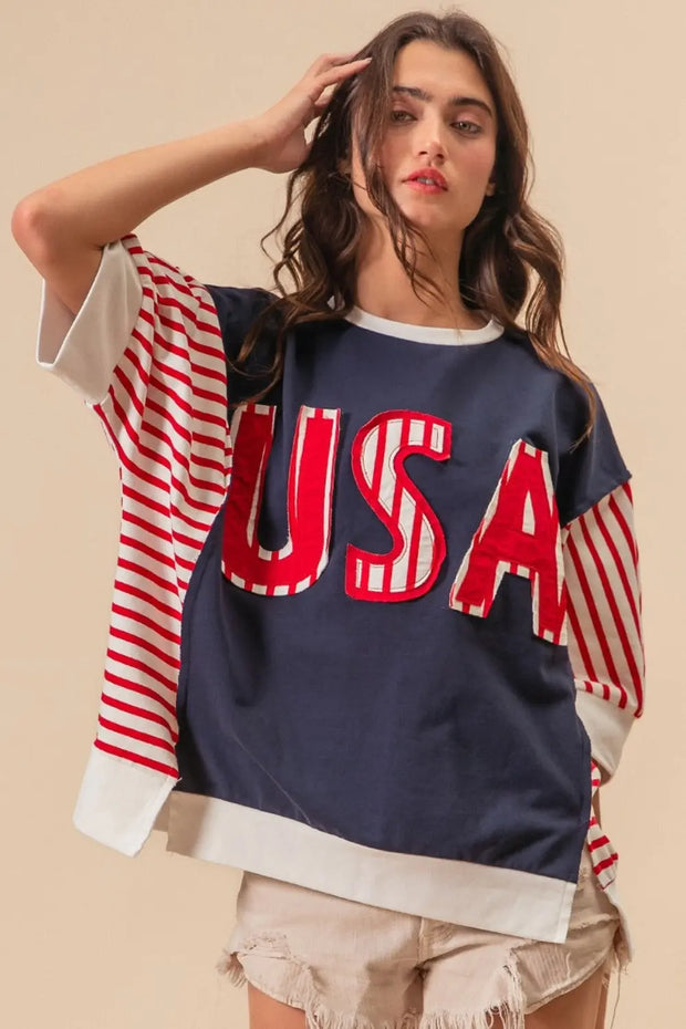 BiBi USA Letter Patchwork Contrast Short Sleeve T-Shirt - Fashionmj