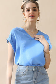 Ninexis V-Neck Trim Rolled Short Sleeve Shirt - Fashionmj