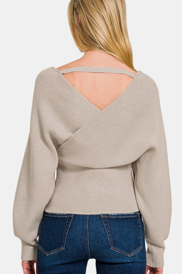 Zenana Cross Wrap Rib Long Sleeve Sweater - Fashionmj