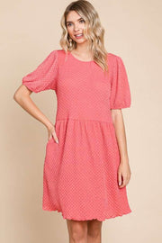 Culture Code Full Size Textured Round Neck Puff Sleeve Dress - Fashionmj