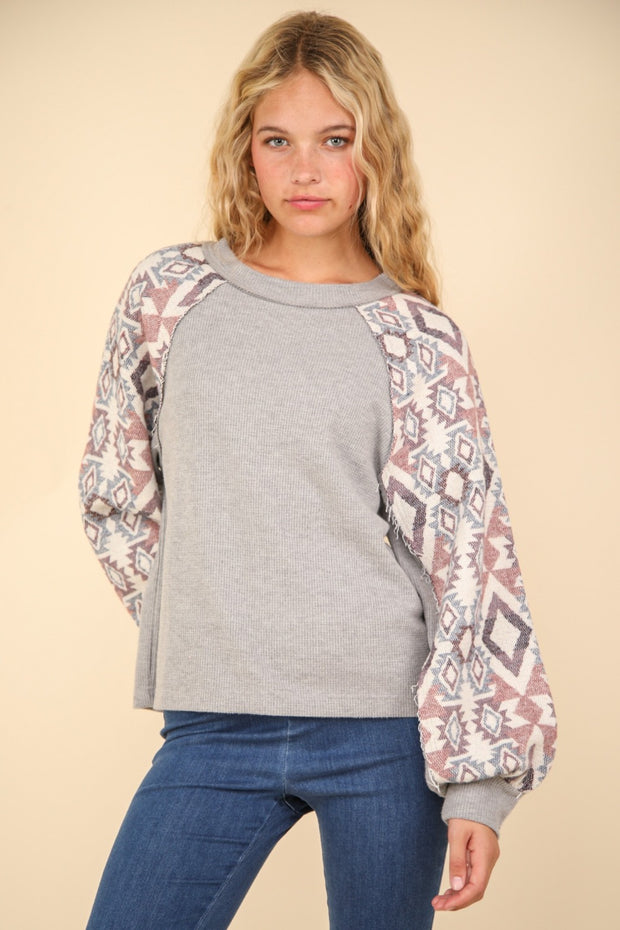 VERY J Printed Long Sleeve Round Neck Knit Top - Fashionmj