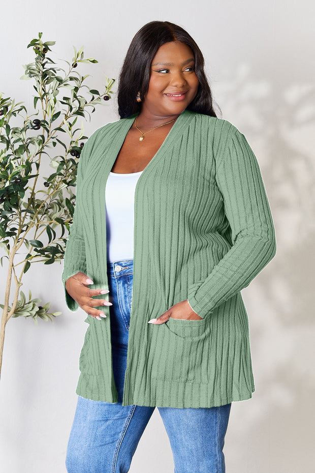 Basic Bae Full Size Ribbed Open Front Cardigan with Pockets - Fashionmj