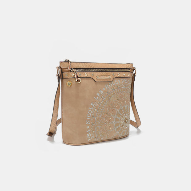 Nicole Lee USA Metallic Stitching Embroidery Inlaid Rhinestone Crossbody Bag - Fashionmj