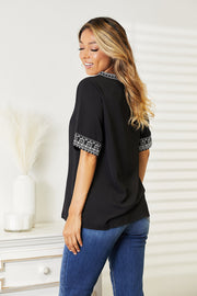 Double Take Embroidered Notched Neck Top - Fashionmj