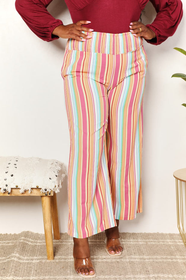 Double Take Striped Smocked Waist Pants with Pockets - Fashionmj