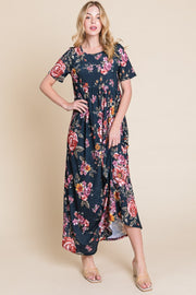 BOMBOM Floral Short Sleeve Maxi Dress - Fashionmj