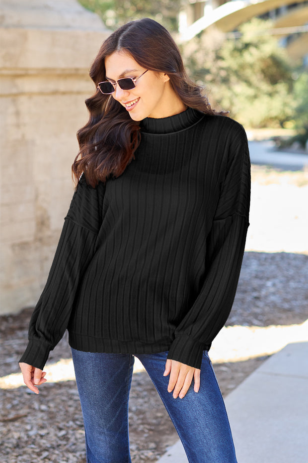 Basic Bae Full Size Ribbed Exposed Seam Mock Neck Knit Top - Fashionmj