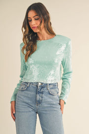 MABLE Shoulder Padded Sequin Crop Top - Fashionmj