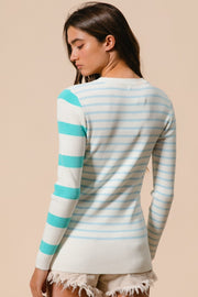 BiBi Contrast Striped Asymmetrical Hem Knit Top - Fashionmj