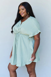 Ninexis Out Of Time Full Size Ruffle Hem Dress with Drawstring Waistband in Light Sage - Fashionmj