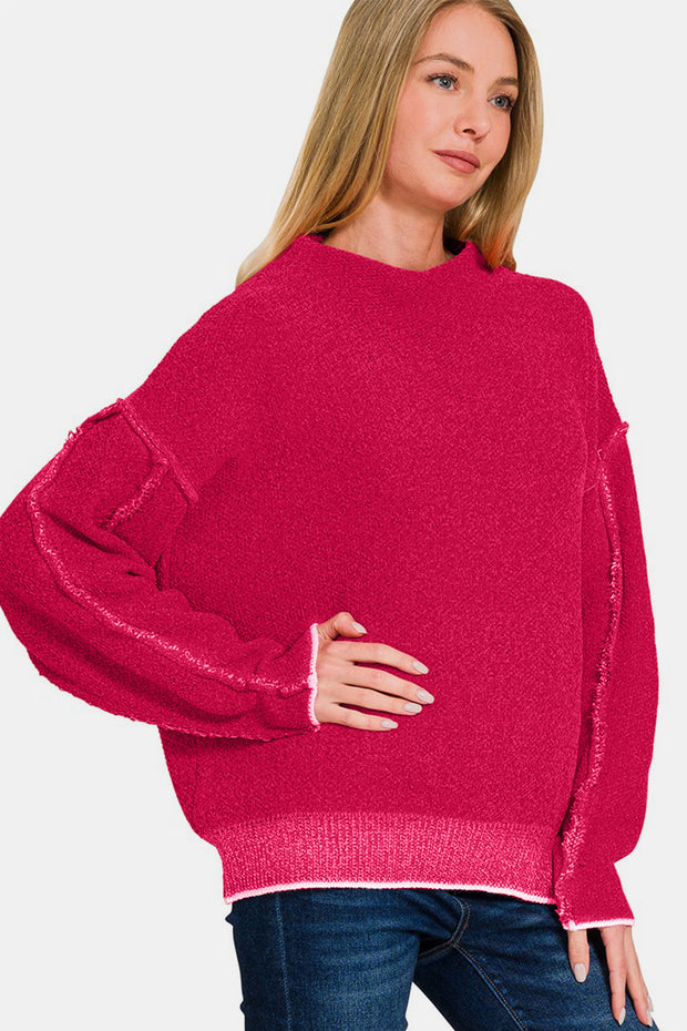 Zenana Exposed Seam Mock Neck Long Sleeve Sweater - Fashionmj