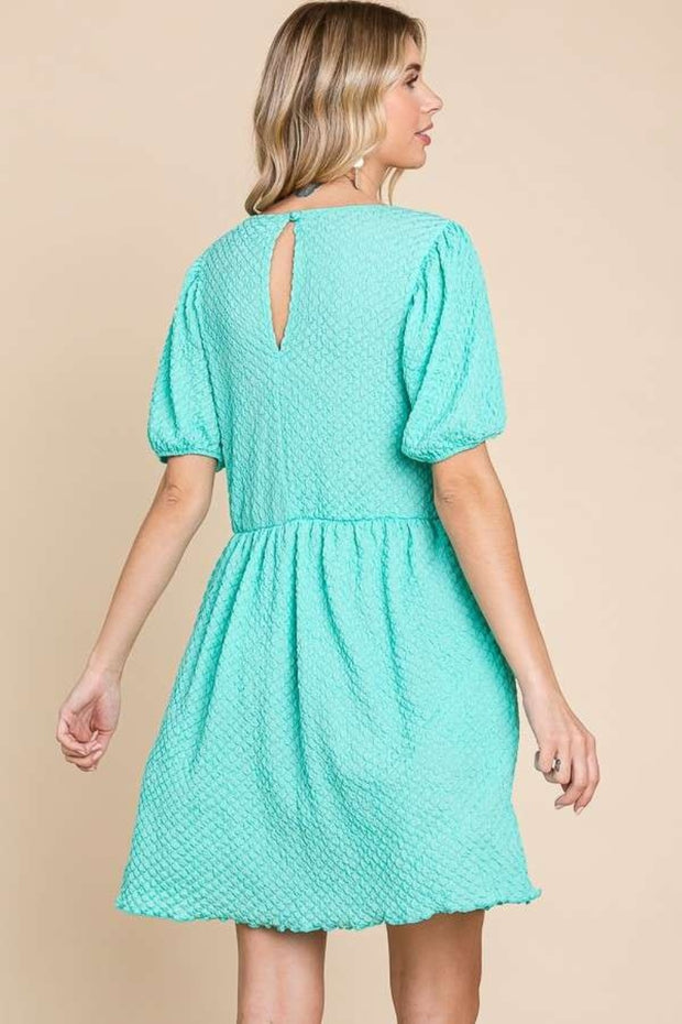 Culture Code Full Size Textured Round Neck Puff Sleeve Dress - Fashionmj