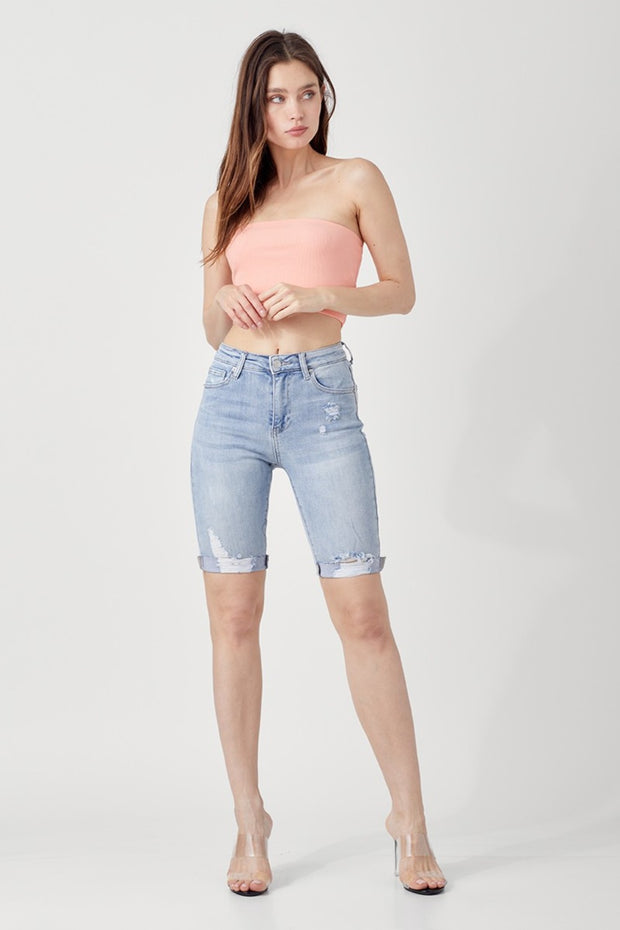 RISEN High Rise Distressed Denim Bermuda Shorts - Fashionmj