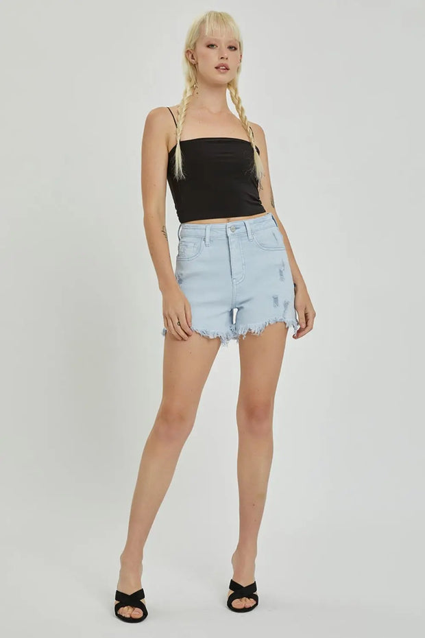 RISEN Full Size High Rise Distressed Detail Denim Shorts - Fashionmj