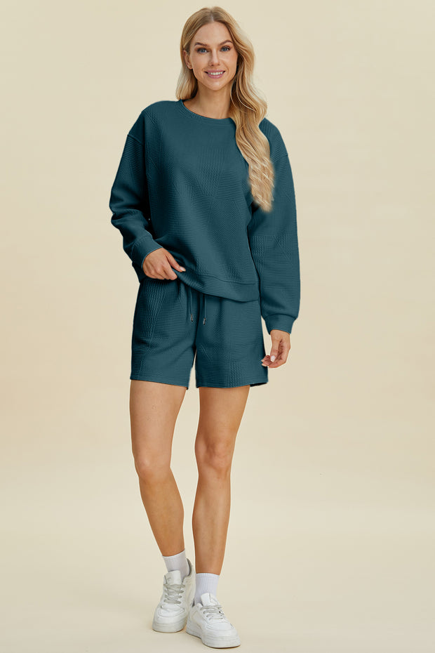 Double Take Full Size Texture Round Neck Long Sleeve Top and Shorts Set - Fashionmj