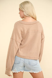 VERY J Exposed Seam V-Neck Ribbed Knit Top - Fashionmj