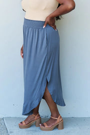 Doublju Comfort Princess Full Size High Waist Scoop Hem Maxi Skirt in Dusty Blue - Fashionmj