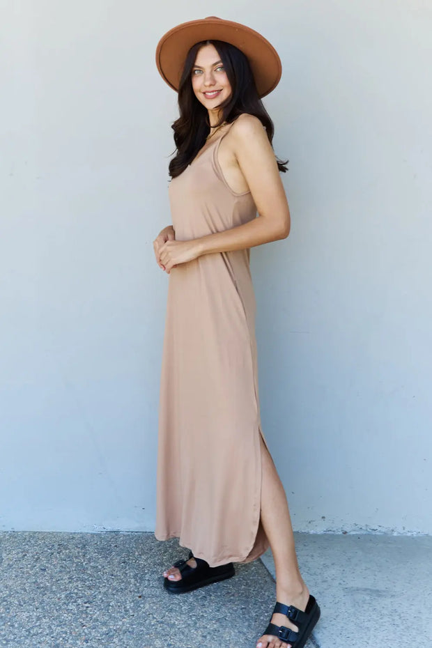 Ninexis Good Energy Full Size Cami Side Slit Maxi Dress in Camel - Fashionmj