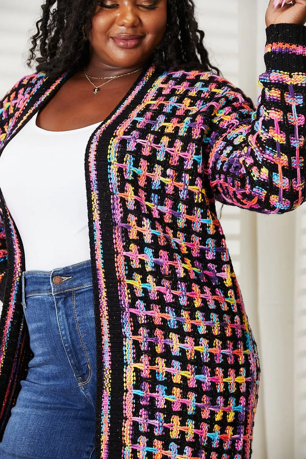 Full Size Multicolored Open Front Fringe Hem Cardigan - Fashionmj