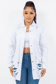 American Bazi Distressed Button Up Long Sleeve Denim Jacket - Fashionmj