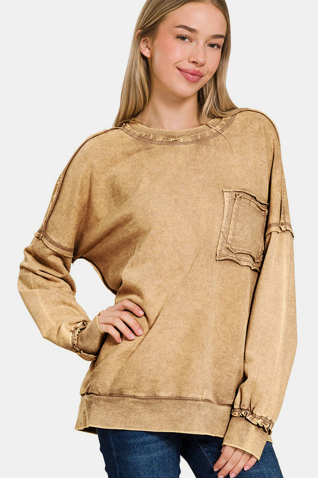 Zenana Exposed Seam Round Neck Dropped Shoulder Sweatshirt - Fashionmj