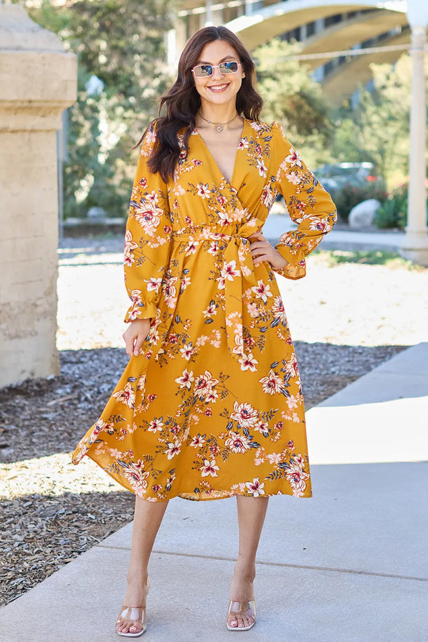 Double Take Full Size Floral Tie Back Flounce Sleeve Dress - Fashionmj