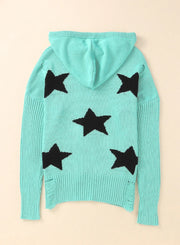 Woven Right Star Distressed Slit Hooded Sweater - Fashionmj