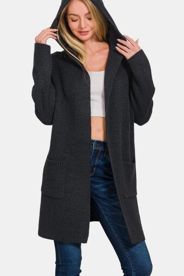 Zenana Hooded Open Front Sweater Cardigan - Fashionmj