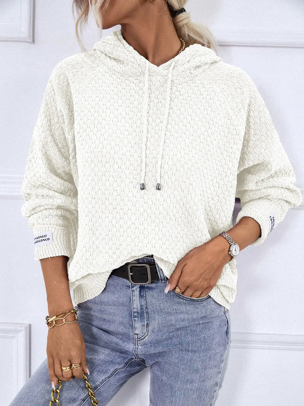 Texture Drawstring Long Sleeve Hooded Sweater - Fashionmj