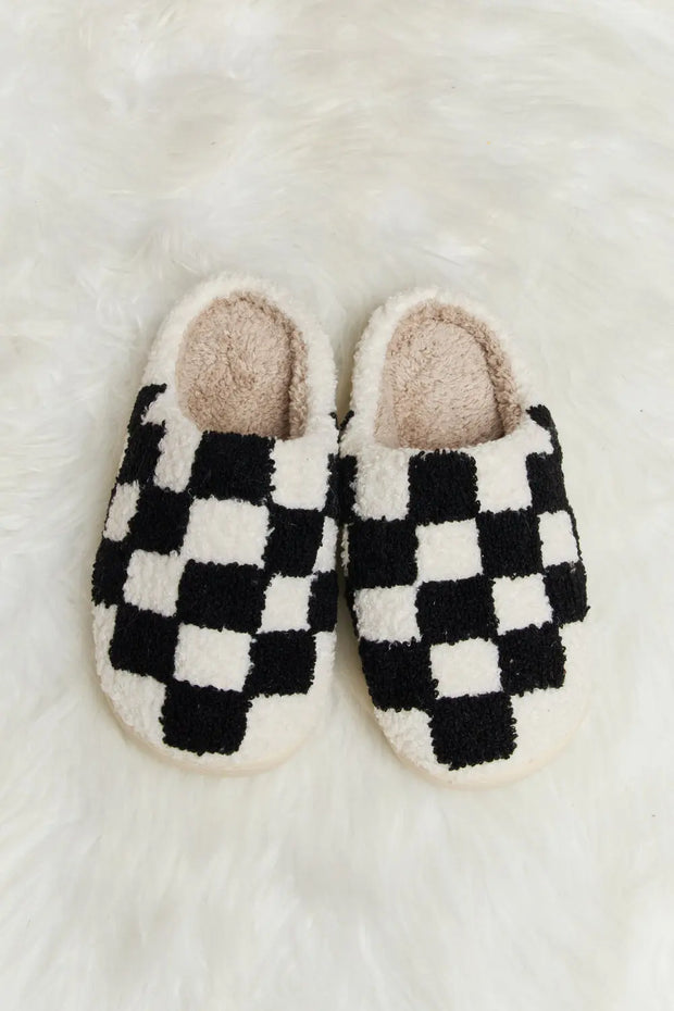 Melody Checkered Print Plush Slide Slippers - Fashionmj