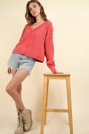 VERY J Exposed Seam V-Neck Ribbed Knit Top - Fashionmj