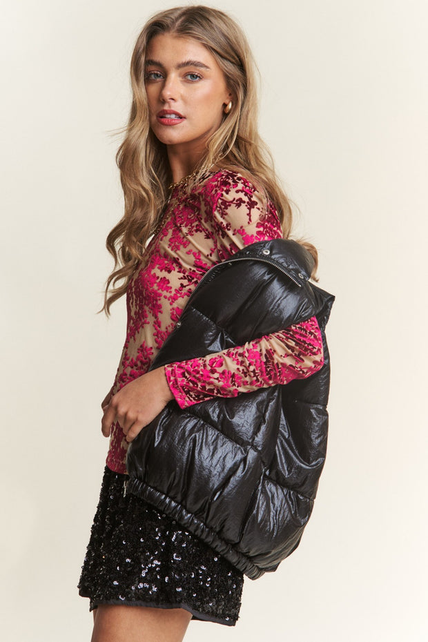 J.NNA Snap and Zipper Shiny Metallic Puffer Vest - Fashionmj