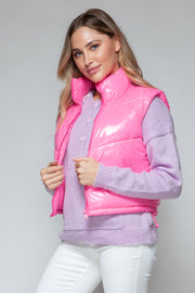 Snobbish Zip Up Turtleneck Shiny Quilted Vest - Fashionmj