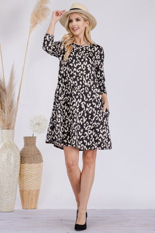 Celeste Full Size Leopard Three-Quarter Sleeve Dress with Pockets - Fashionmj