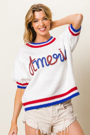 BiBi Metallic America Letter Short Sleeve Sweater - Fashionmj