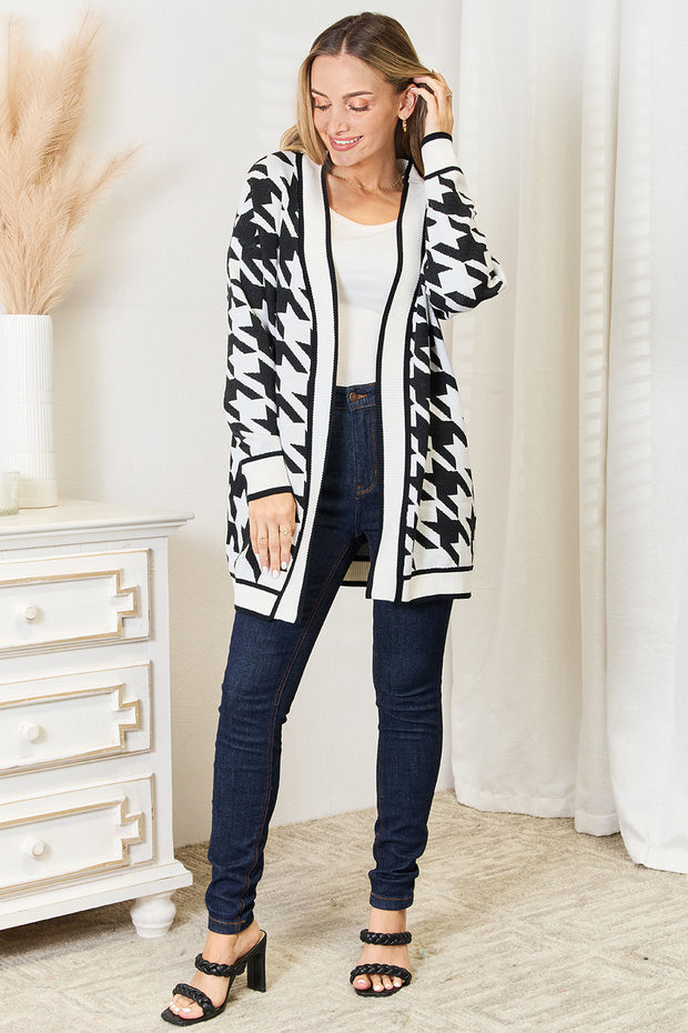 Mandy Woven Right Houndstooth Open Front Longline Cardigan - Fashionmj