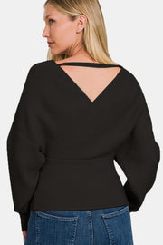 Zenana Cross Wrap Rib Long Sleeve Sweater - Fashionmj