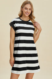 Basic Bae Full Size Striped Round Neck Cap Sleeve Mini Dress - Fashionmj