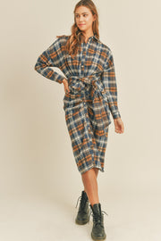 Mable Plaid Flannel Front Tie Button Down Shirt Dress - Fashionmj