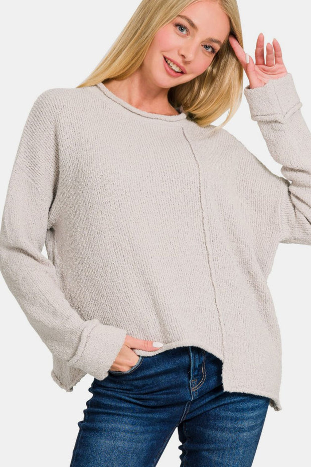 Zenana Asymmetric Hem Drop Shoulder Sweater - Fashionmj