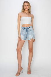 RISEN Full Size High Waist Frayed Detail Denim Shorts - Fashionmj