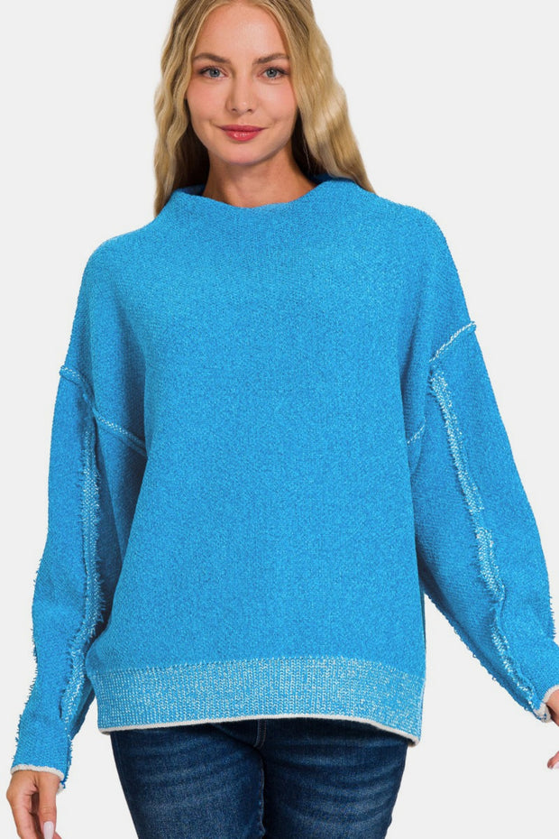 Zenana Exposed Seam Mock Neck Long Sleeve Sweater - Fashionmj