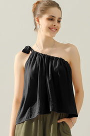 Ninexis One Shoulder Bow Tie Strap Satin Silk Top - Fashionmj