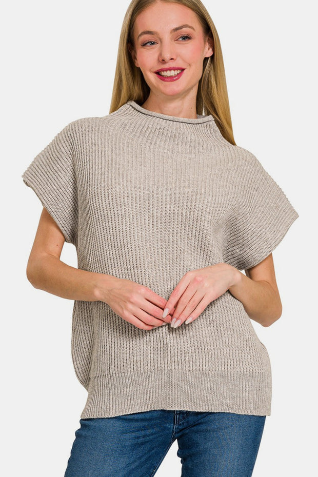 Zenana Short Sleeve Mock Neck Sweater - Fashionmj