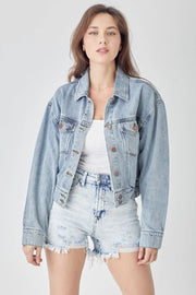 RISEN Full Size Button Down Cropped Denim Jacket - Fashionmj