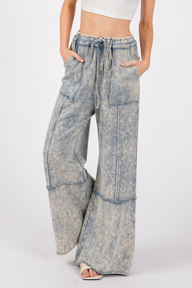 SAGE + FIG Mineral Washed Terry Wide Leg Pants - Fashionmj