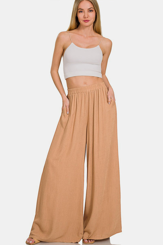 Zenana Pleated Linen Blend Wide Leg Pants - Fashionmj