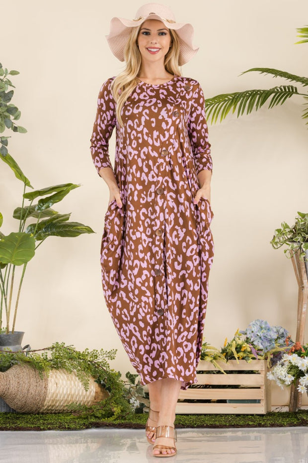 Celeste Full Size Leopard Contrast Dress with Pockets - Fashionmj