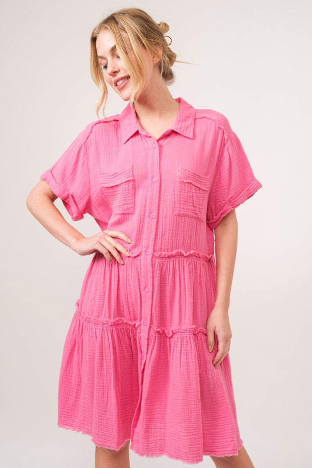 And The Why Full Size Raw Edge Washed Tiered Shirt Dress - Fashionmj